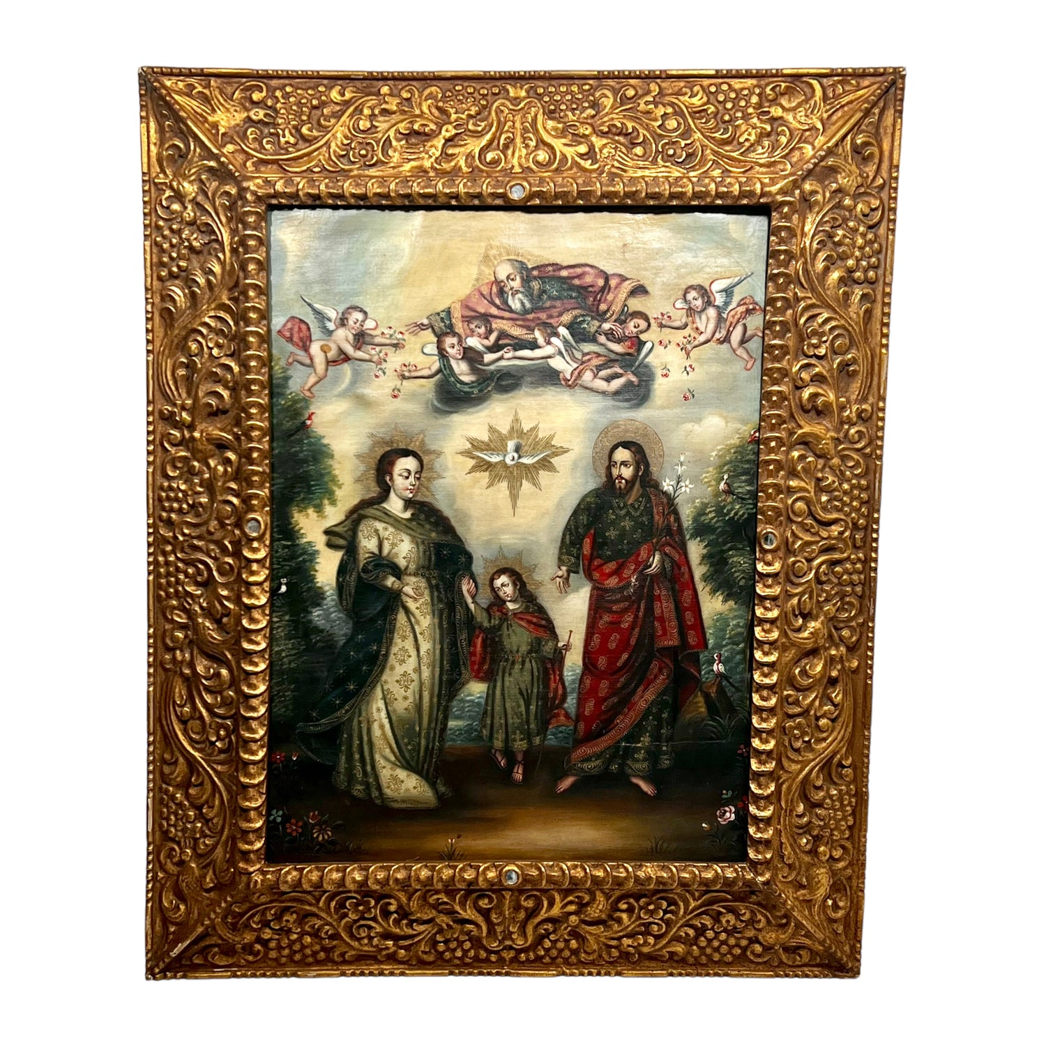 antique 18th century gilded frame spanish colonial painting original oil on canvas depicting the holy family